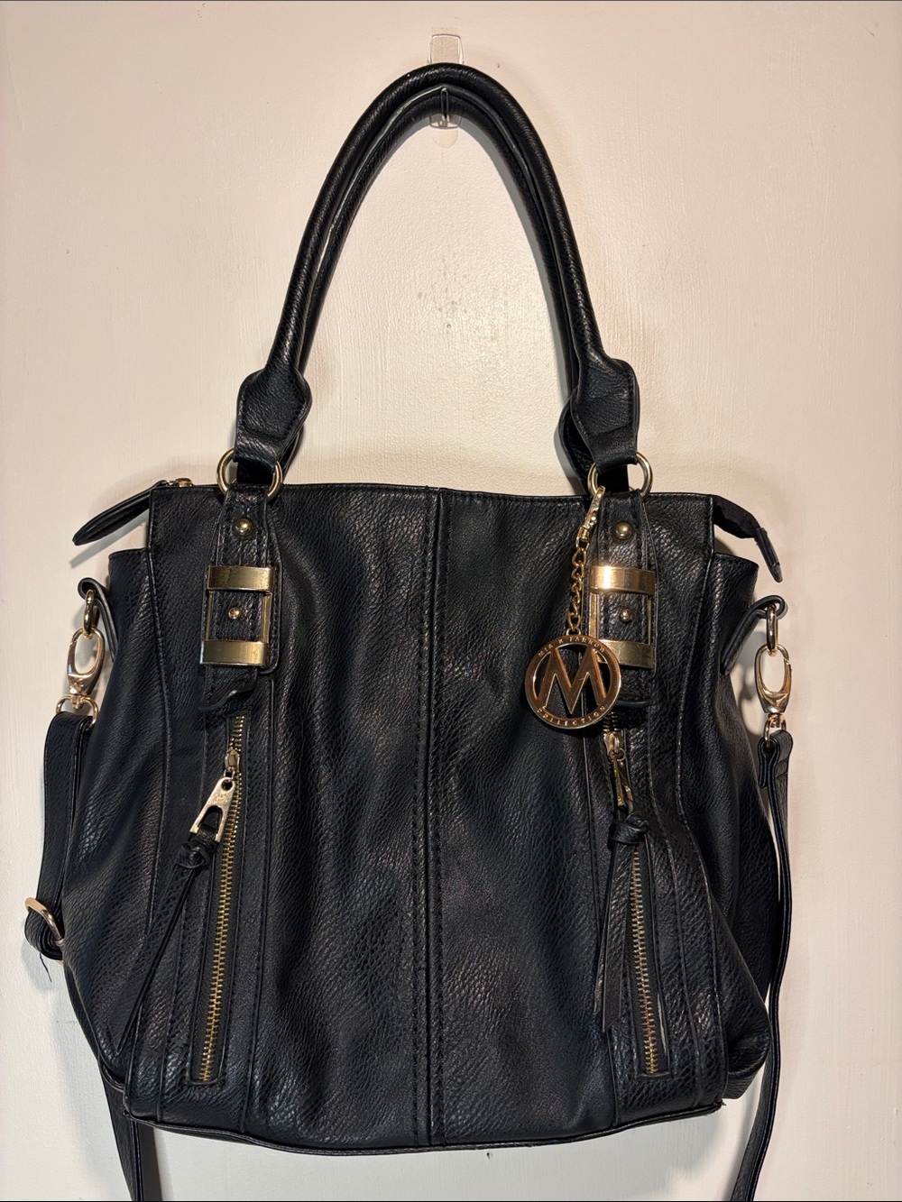 Mia K Farrow Collection Black Pebbled Leather Gold Hardware Bag + Straps